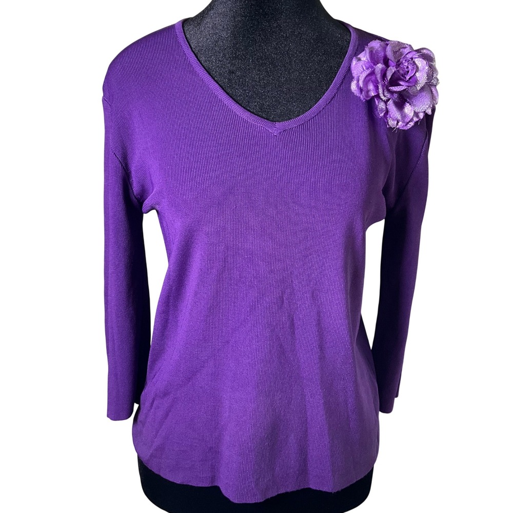 Just Stewart Purple V-Neck 3/4 Sleeve Knit Top with Removable Flower Petite LP